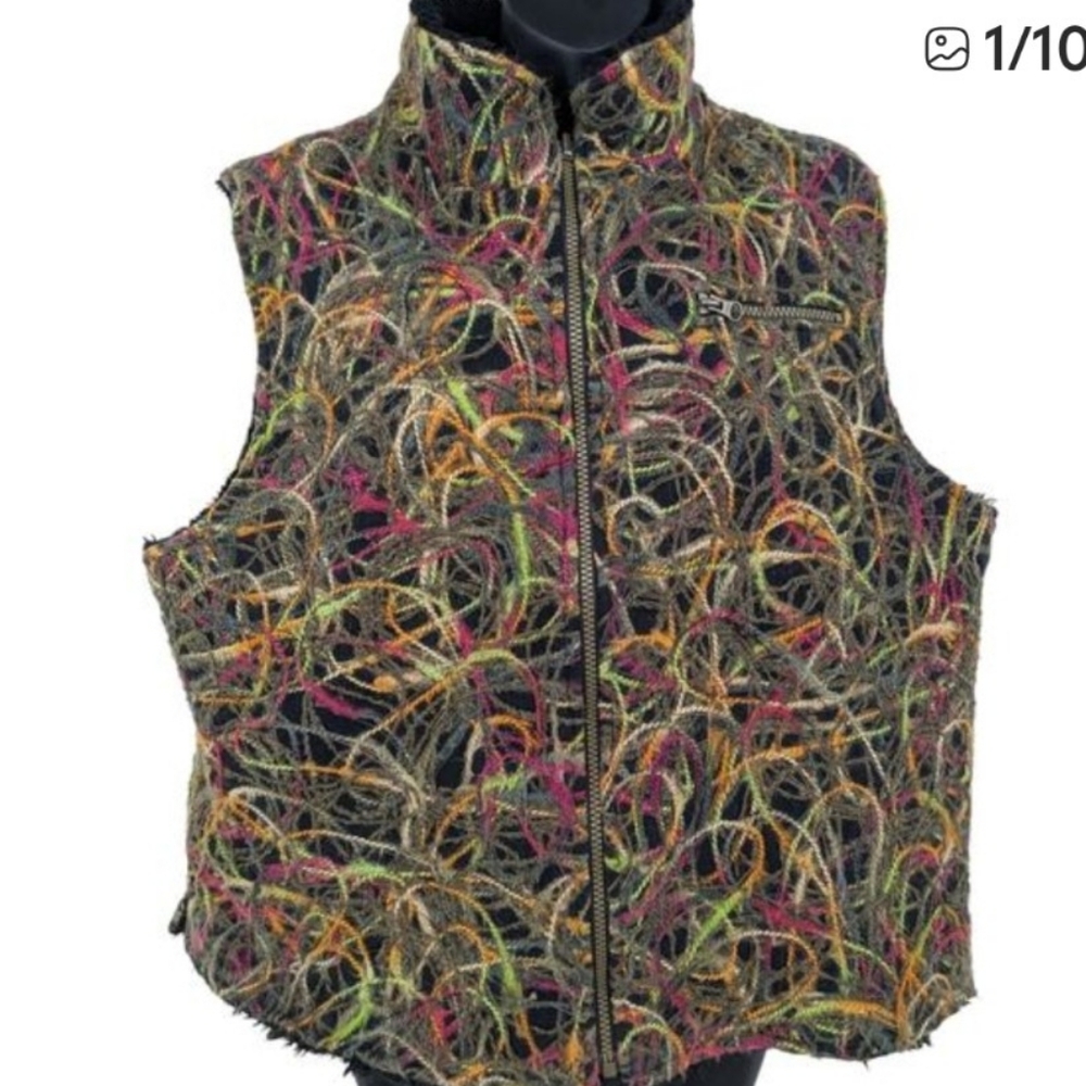 Vintage SNO-SKINS ART VEST Swirly Couched Multi-Color Yarn Shearling Reversible!